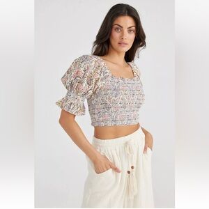 Talisman Square Neck Vintage Lotus Floral Print Smocked Firelight Cropped Top L‌